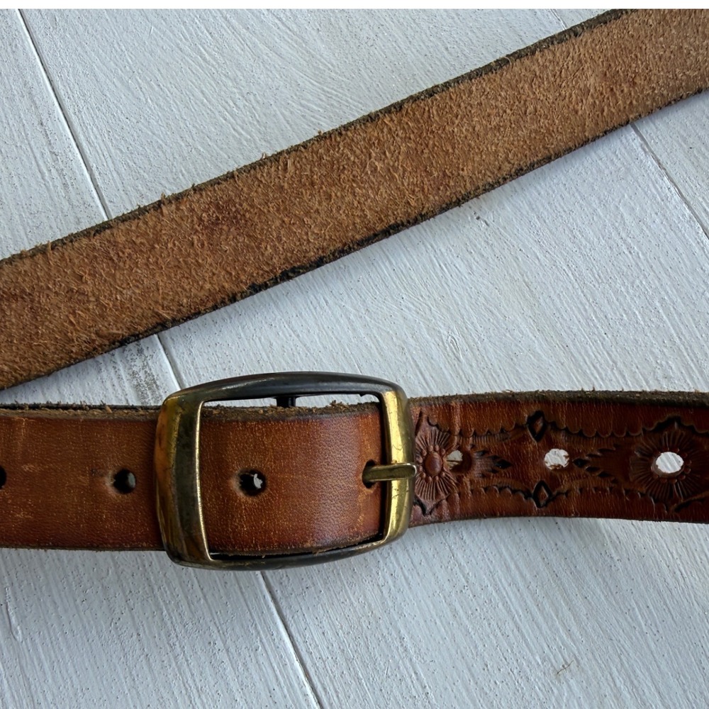 Vintage Hand Tooled Brown Leather Belt Floral Western Boho Brass Buckle 0893